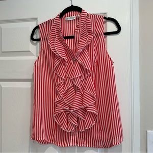 Red and White Candy striped sleeveless blouse with ruffled front